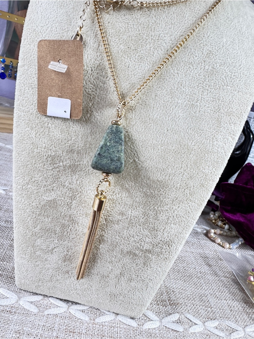 Stampd Gold Necklace with Green Moss Stone Triangle and Tassel